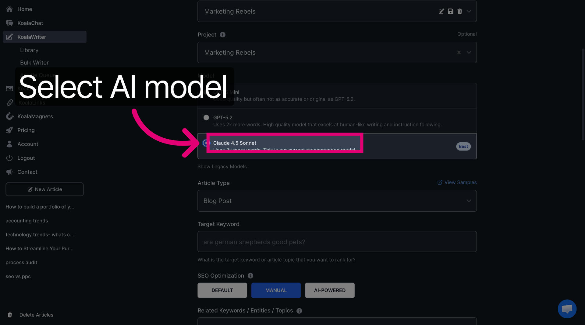 Select Claude 4.5 Sonnet Model
