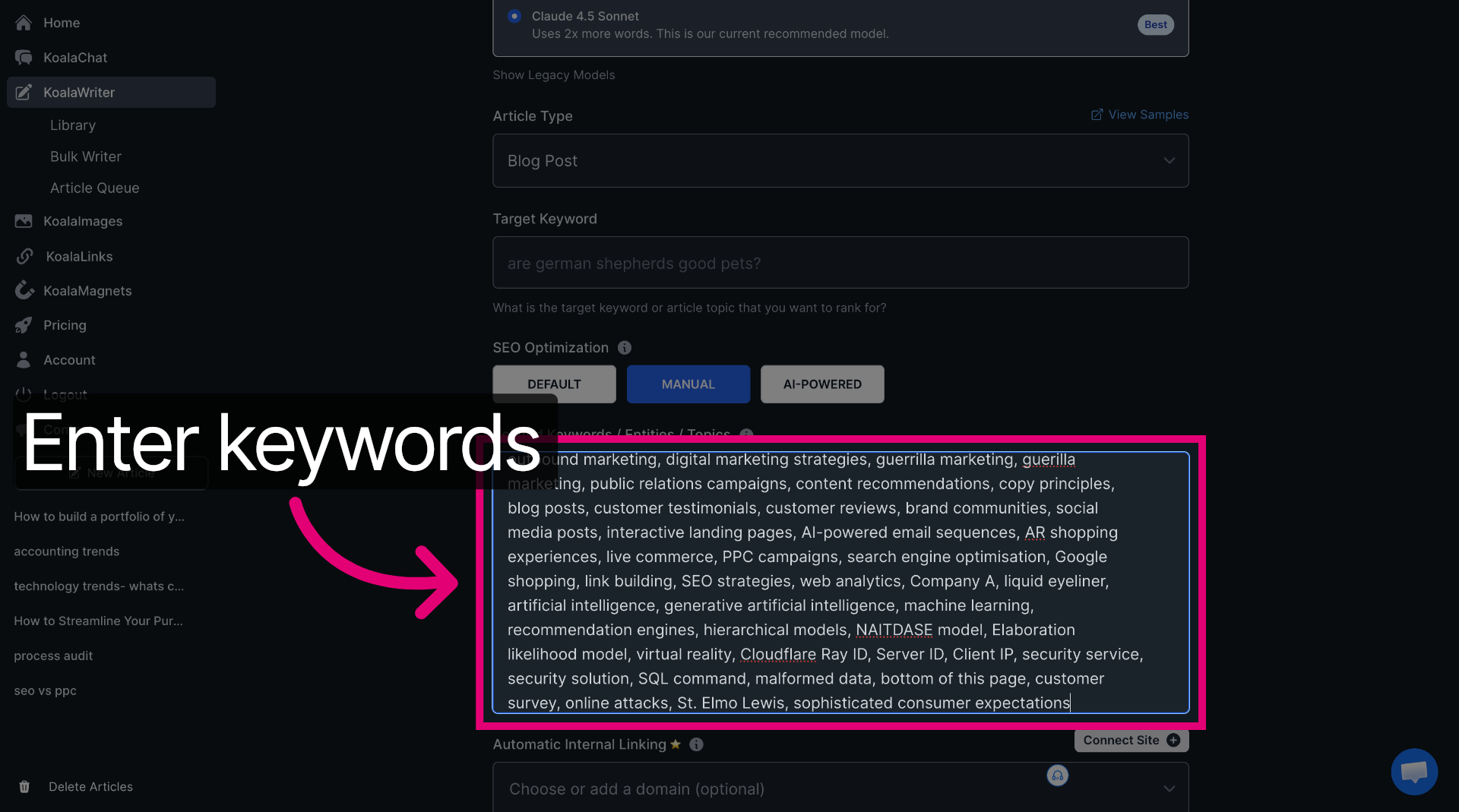 Enter SEO Keywords